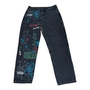 Romwe Mens Large 33/29 Jeans Money Power Rich Black Baggy Leg Jeans